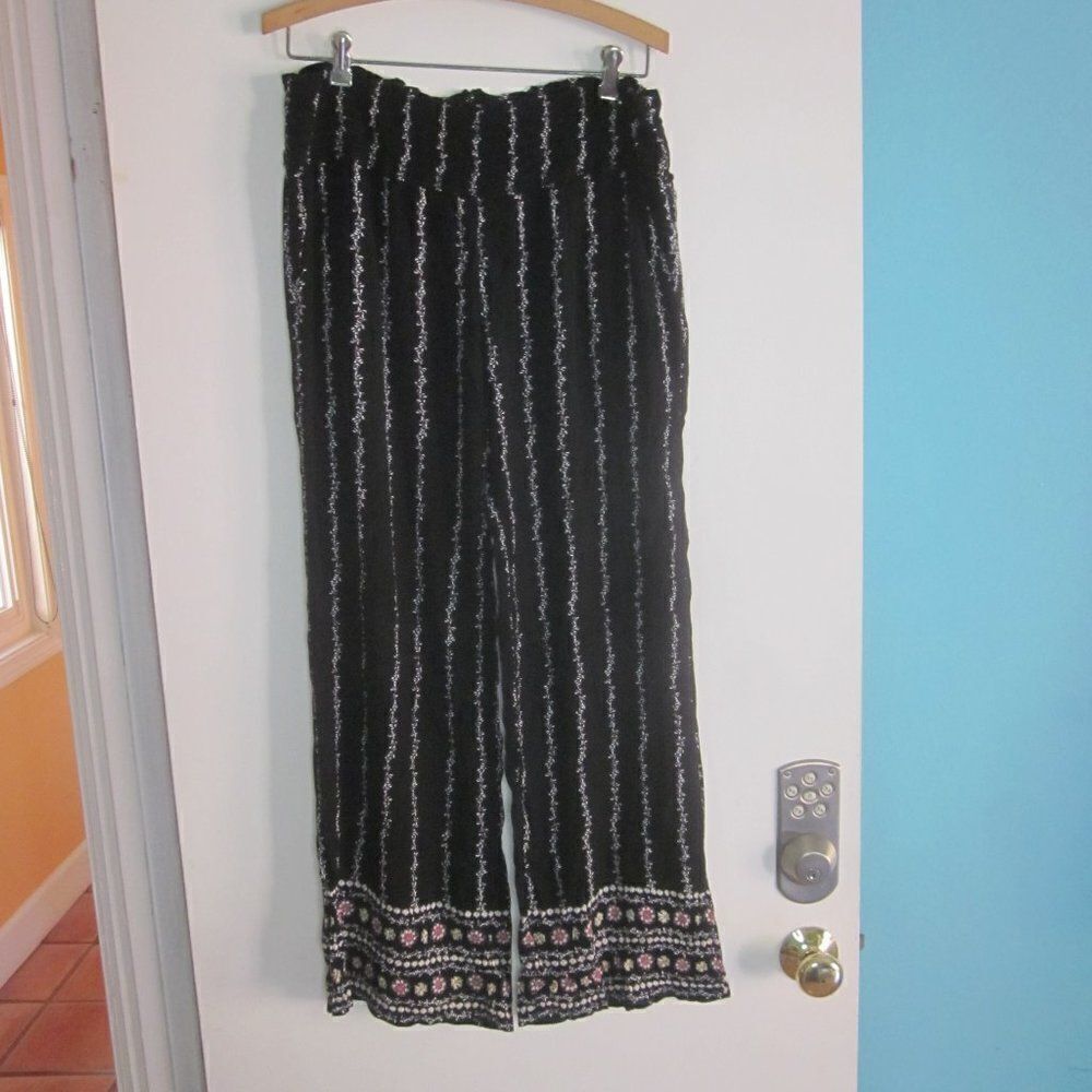 Three Dots Womens Size L Black Pull On Pants Smocked Stretch Waist Floral Stripe